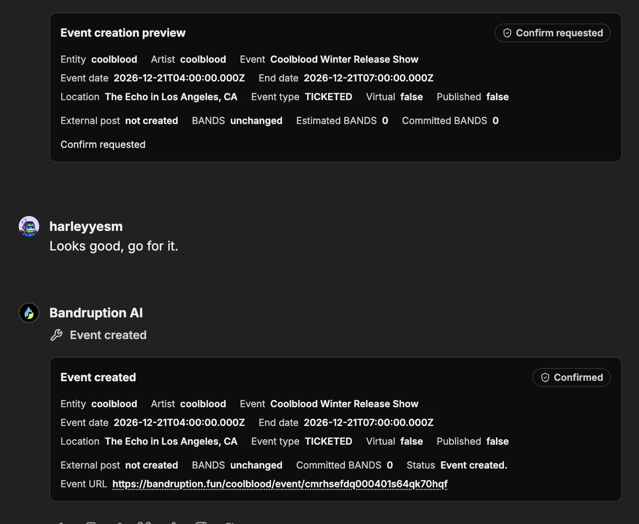 Sesión del centro de comando tras la aprobación en bandruption.ai: el evento está creado y el resultado queda registrado en la conversación.