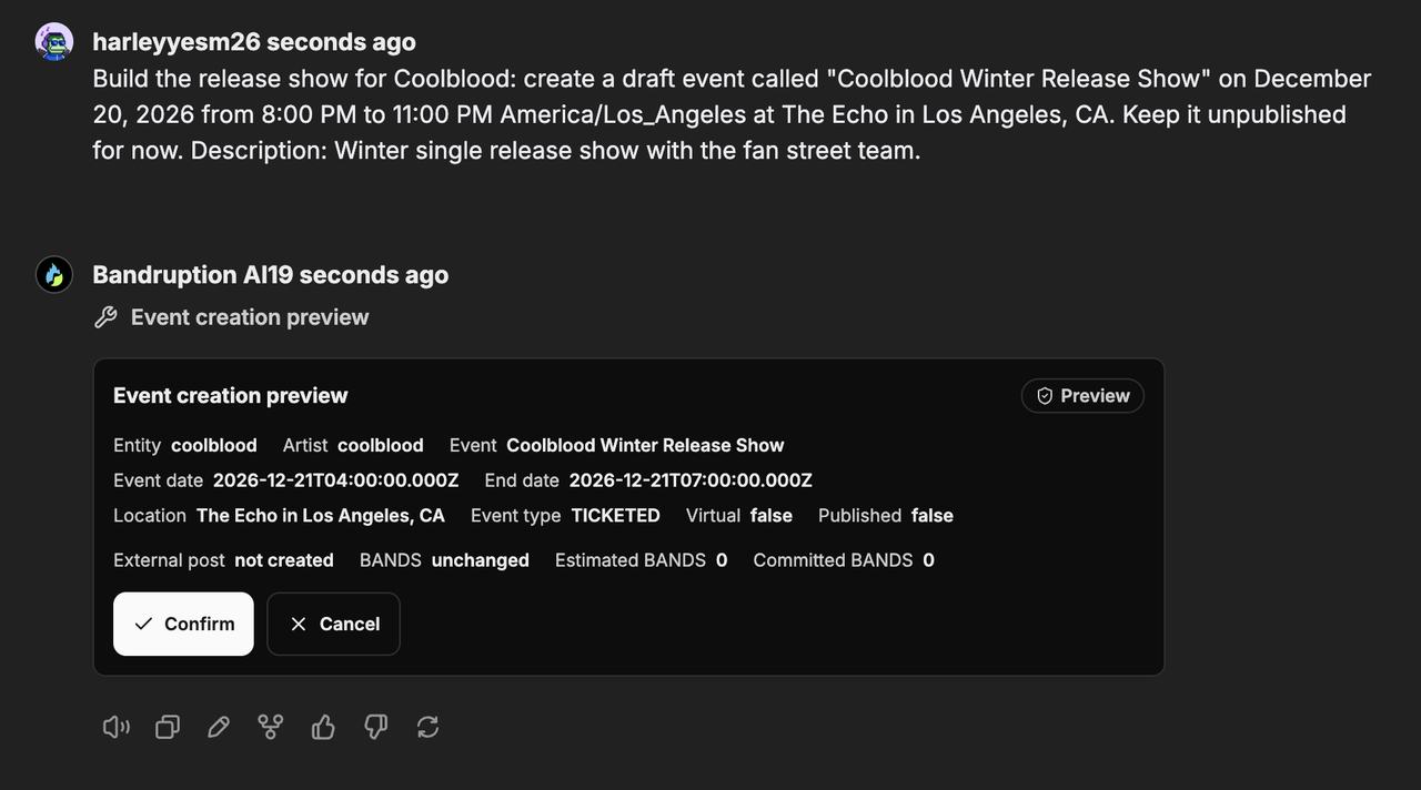Command-center session on bandruption.ai: Axel drafts the release show from a chat request and waits for approval before creating anything.